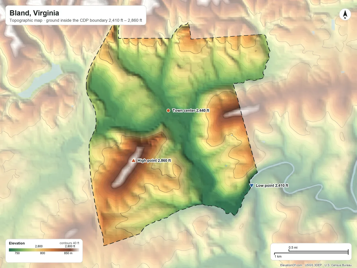 Topographic elevation map of Bland, Virginia, shaded from 2,410 ft on the southeast side to 2,860 ft on the southwest side
