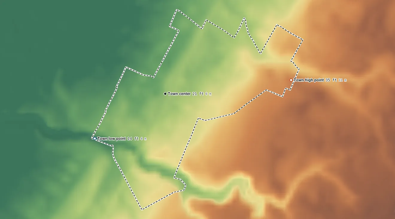 Topographic elevation map of Bloxom, Virginia, shaded from 14 ft on the southwest side to 35 ft on the east side