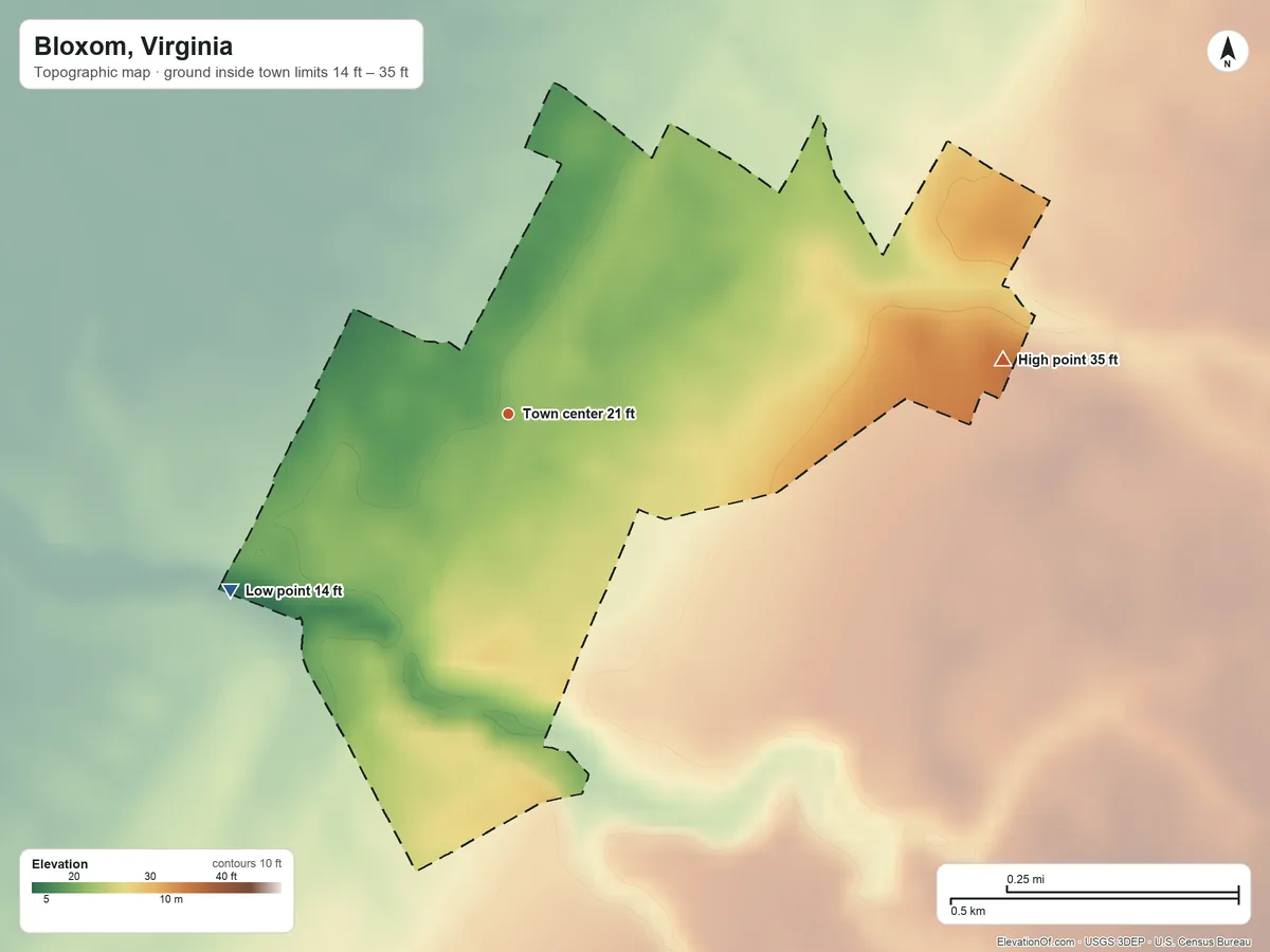 Topographic elevation map of Bloxom, Virginia, shaded from 14 ft on the southwest side to 35 ft on the east side