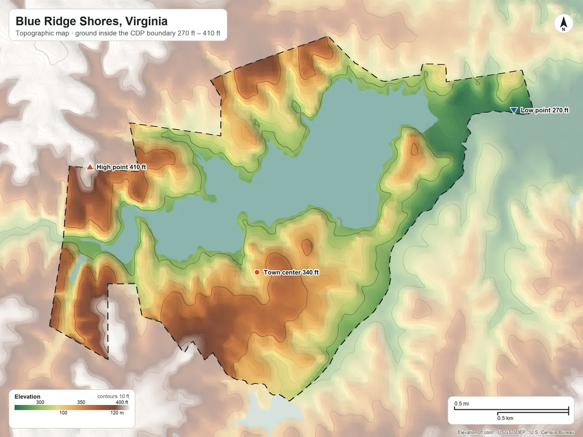 Topographic elevation map of Blue Ridge Shores, Virginia, shaded from 270 ft on the northeast side to 410 ft on the northwest side