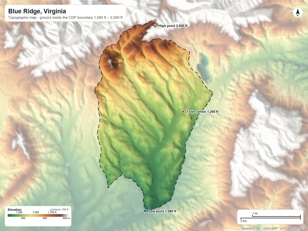 Topographic elevation map of Blue Ridge, Virginia, shaded from 1,080 ft on the south side to 2,000 ft on the north edge, below higher ground just outside