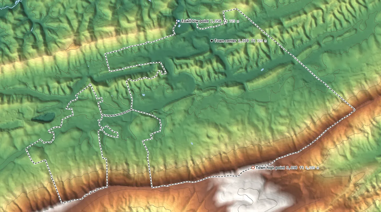 Topographic elevation map of Bluefield, Virginia, shaded from 2,350 ft on the northwest side to 3,890 ft on the south side