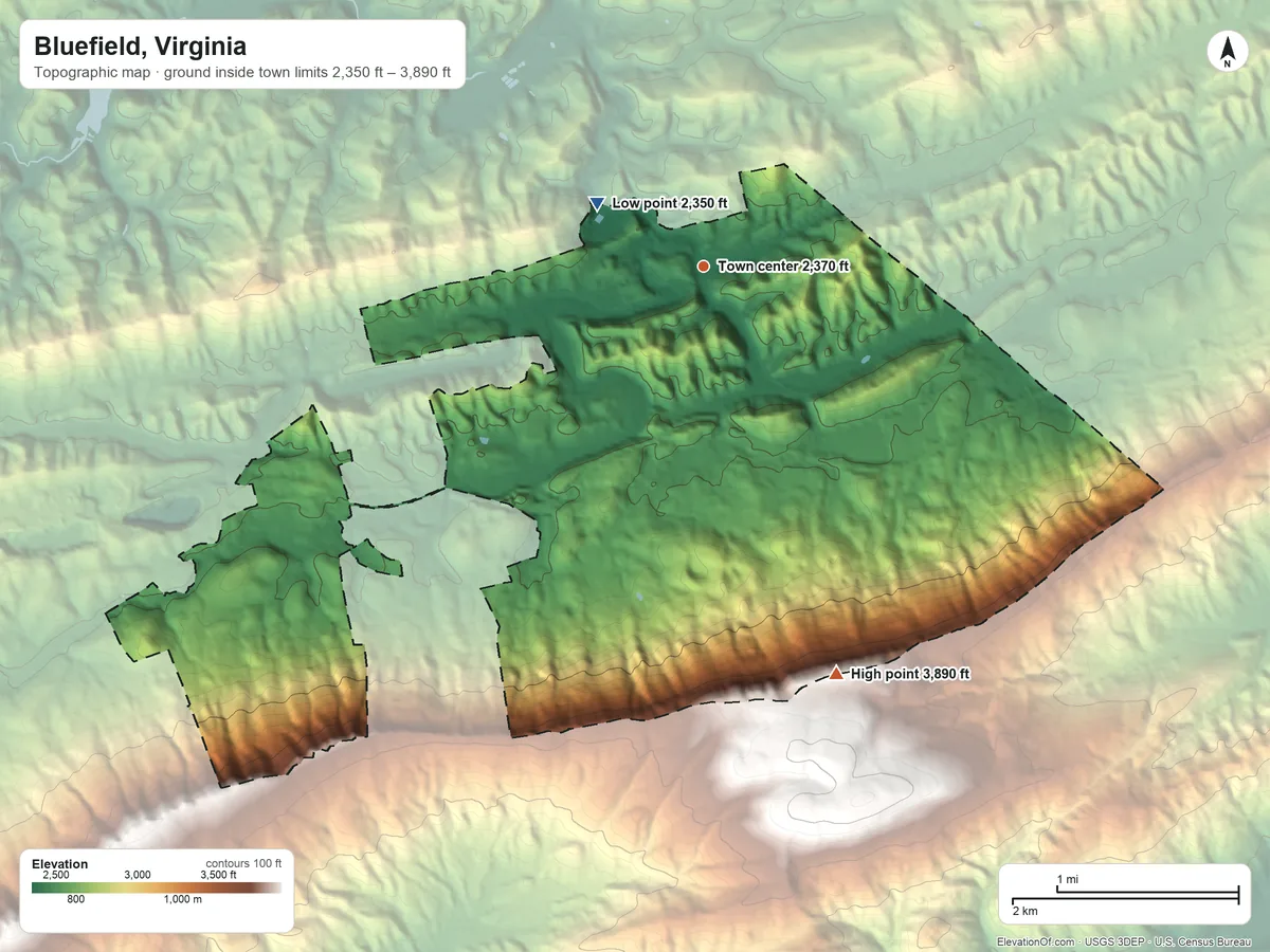 Topographic elevation map of Bluefield, Virginia, shaded from 2,350 ft on the northwest side to 3,890 ft on the south side