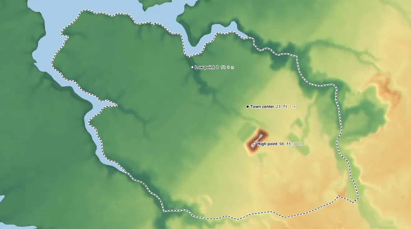 Topographic elevation map of Bobtown, Virginia, shaded from sea level level on Pungoteague Creek to 98 ft on the south side