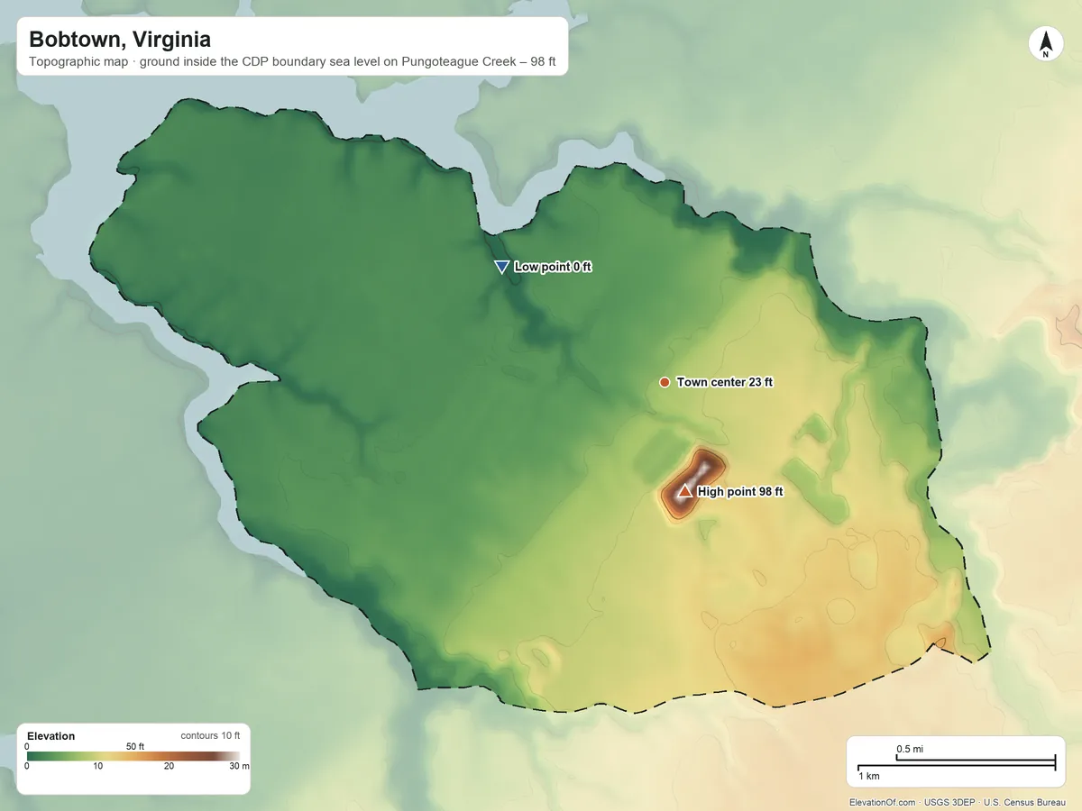 Topographic elevation map of Bobtown, Virginia, shaded from sea level level on Pungoteague Creek to 98 ft on the south side