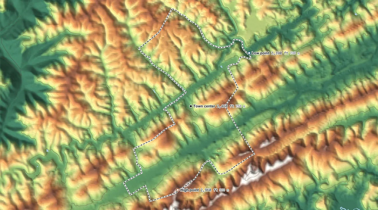 Topographic elevation map of Boissevain, Virginia, shaded from 2,390 ft on the northeast side to 2,960 ft on the south side