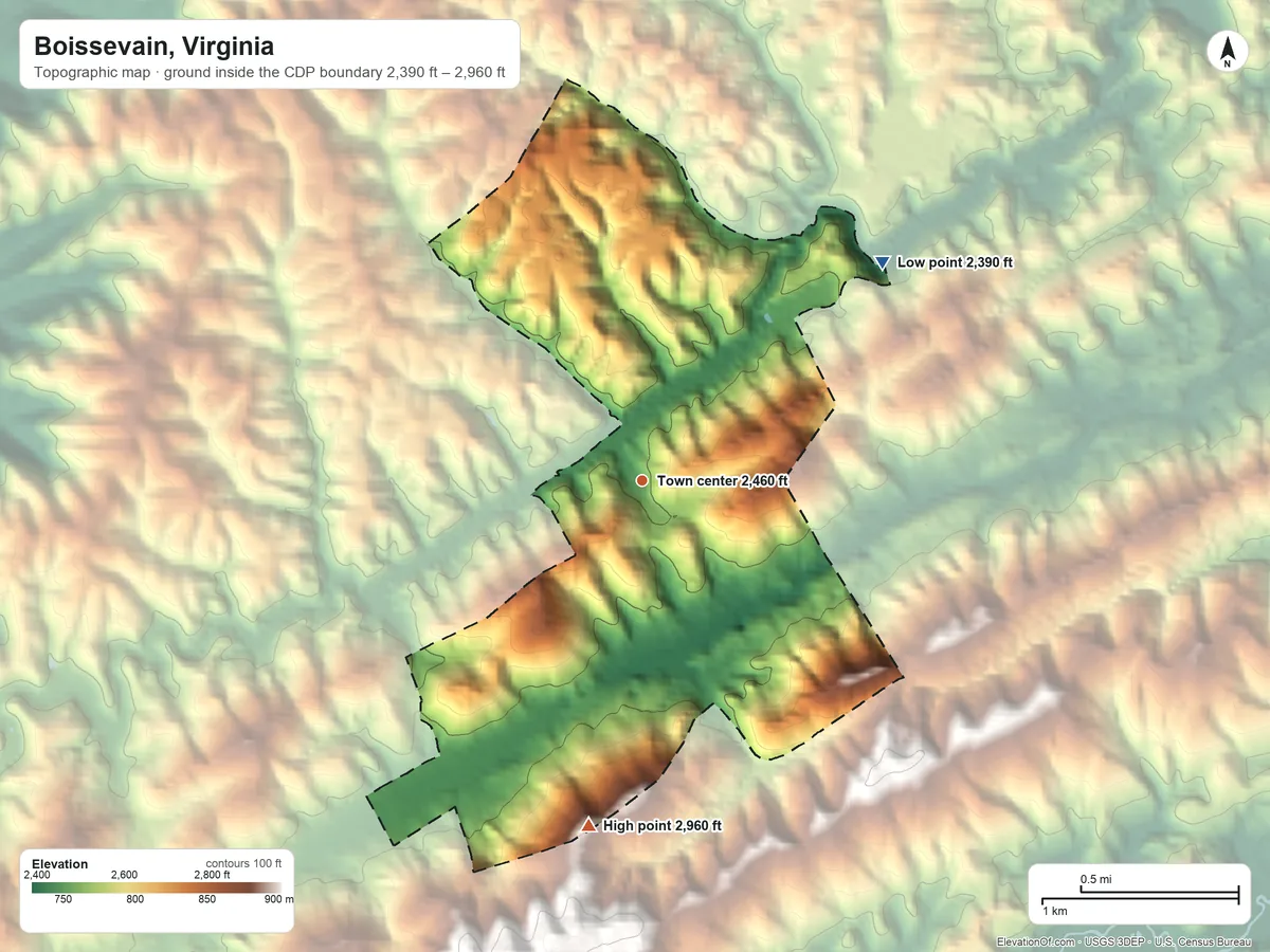 Topographic elevation map of Boissevain, Virginia, shaded from 2,390 ft on the northeast side to 2,960 ft on the south side
