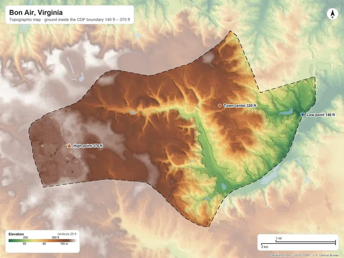 Topographic elevation map of Bon Air, Virginia, shaded from 140 ft on the east side to 370 ft on the west side