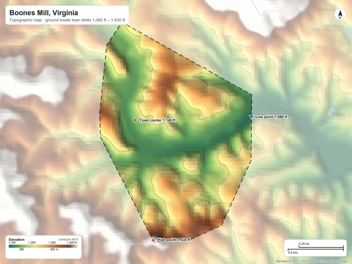 Topographic elevation map of Boones Mill, Virginia, shaded from 1,080 ft on the east side to 1,430 ft on the south edge, below higher ground just outside