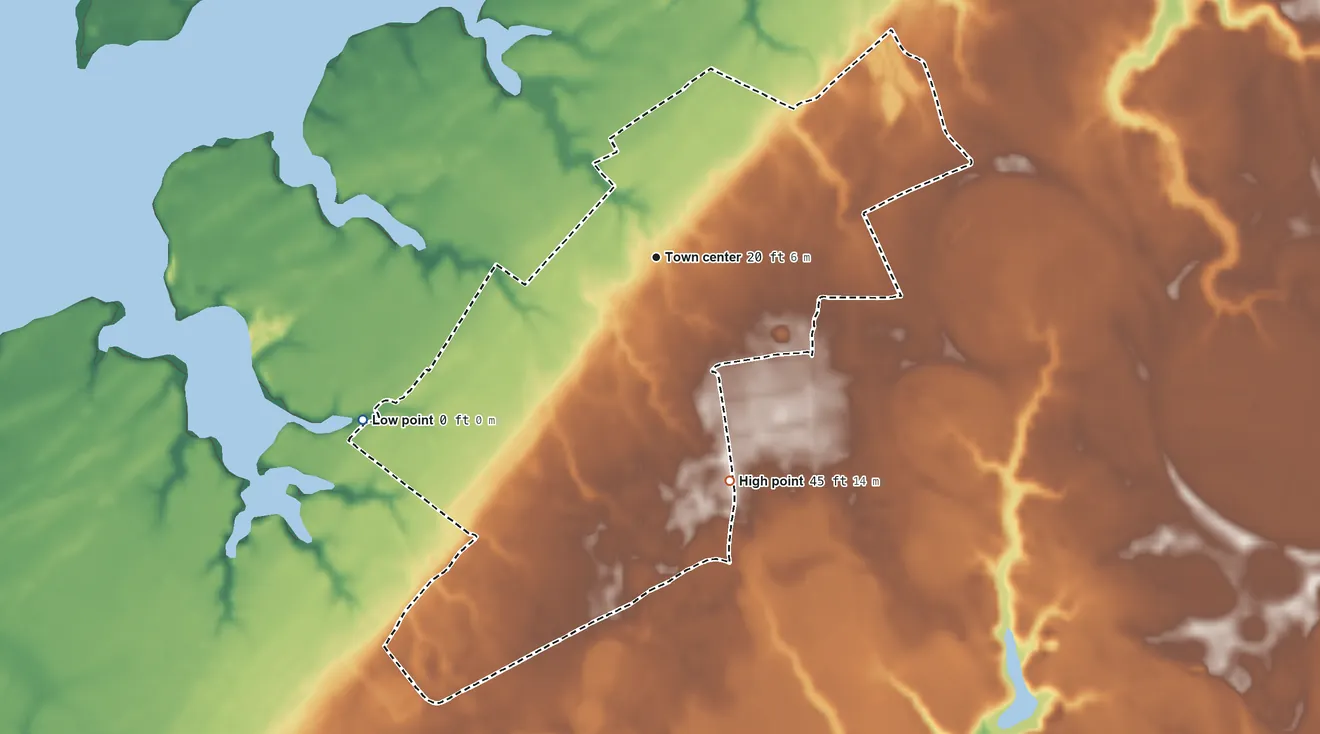 Topographic elevation map of Boston, Virginia, shaded from sea level level on the McLean Gut to 45 ft on the south side