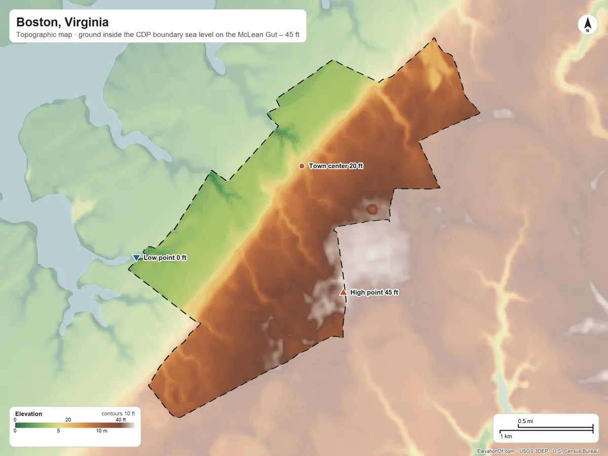 Topographic elevation map of Boston, Virginia, shaded from sea level level on the McLean Gut to 45 ft on the south side