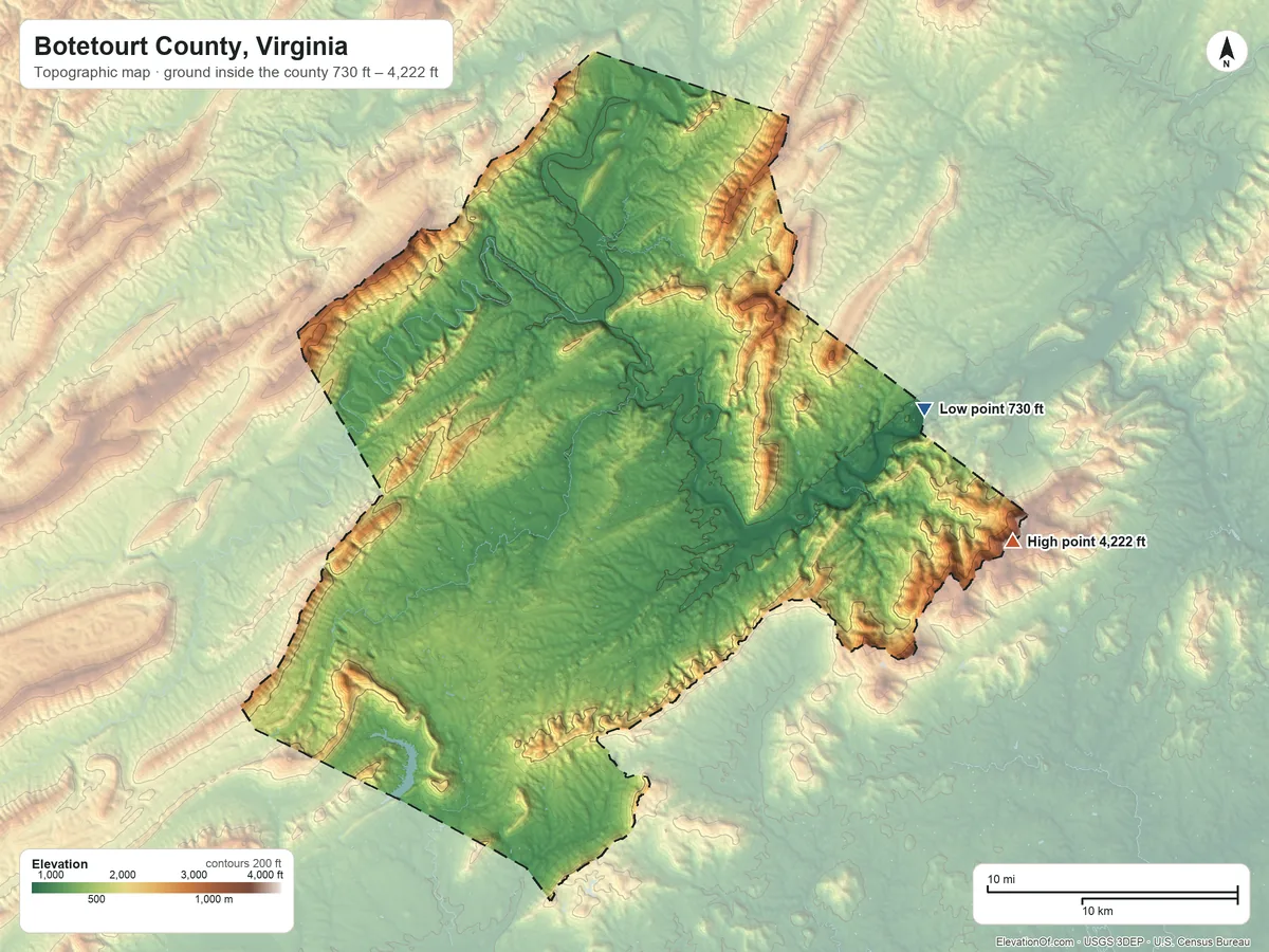 Topographic elevation map of Botetourt County, Virginia, shaded from 730 ft on the east side to 4,222 ft on Apple Orchard Mountain