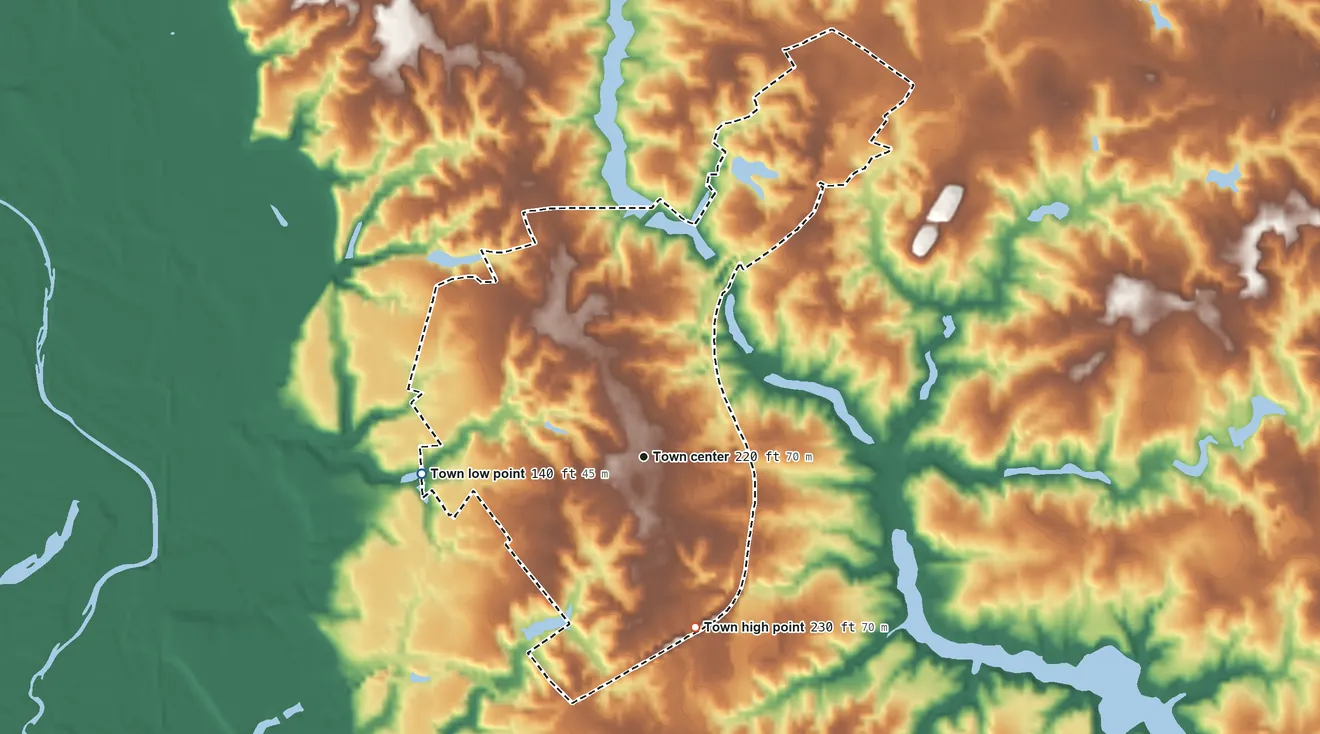 Topographic elevation map of Bowling Green, Virginia, shaded from 140 ft on the west side to 230 ft on the south side