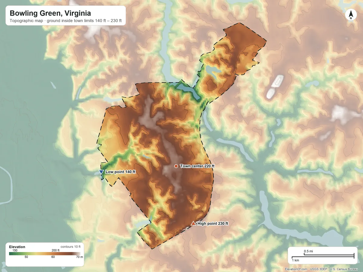 Topographic elevation map of Bowling Green, Virginia, shaded from 140 ft on the west side to 230 ft on the south side