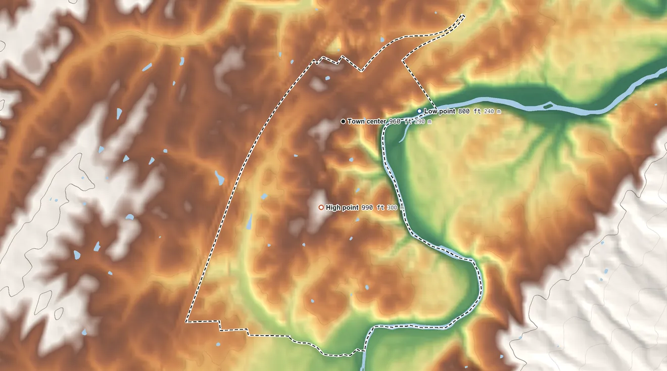 Topographic elevation map of Bowmans Crossing, Virginia, shaded from 800 ft on the east side to 990 ft on the south side