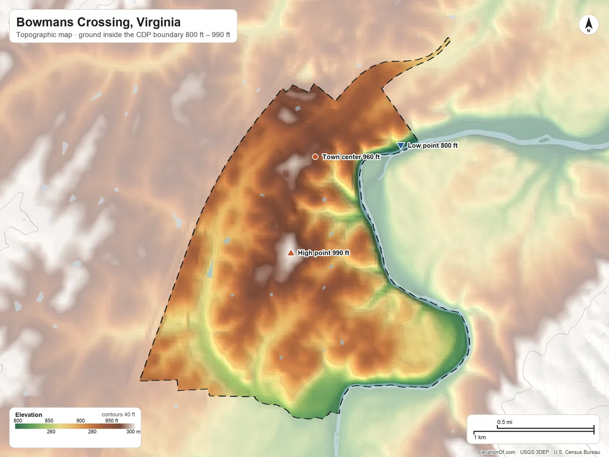 Topographic elevation map of Bowmans Crossing, Virginia, shaded from 800 ft on the east side to 990 ft on the south side