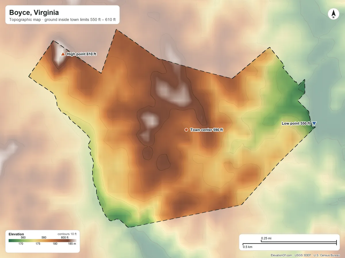 Topographic elevation map of Boyce, Virginia, shaded from 550 ft on the east side to 610 ft on the northwest side
