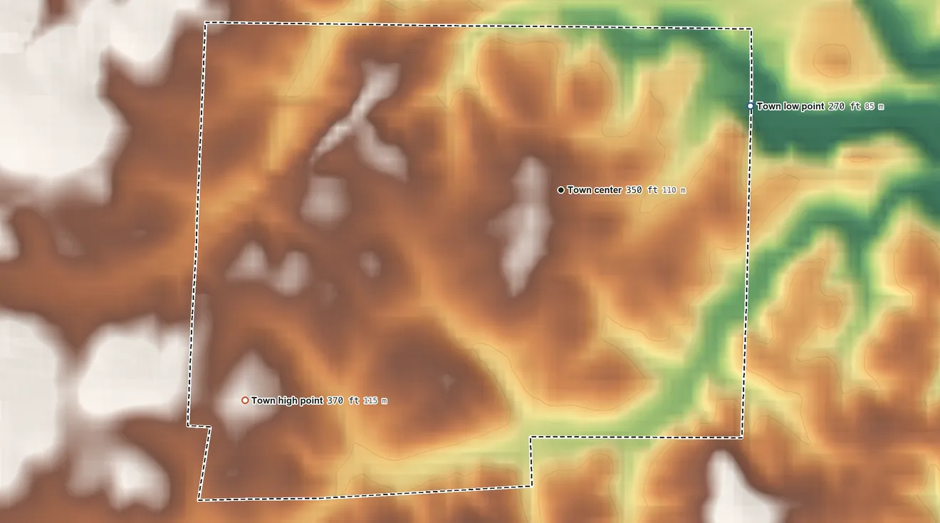 Topographic elevation map of Boydton, Virginia, shaded from 270 ft on the northeast side to 370 ft on the southwest side