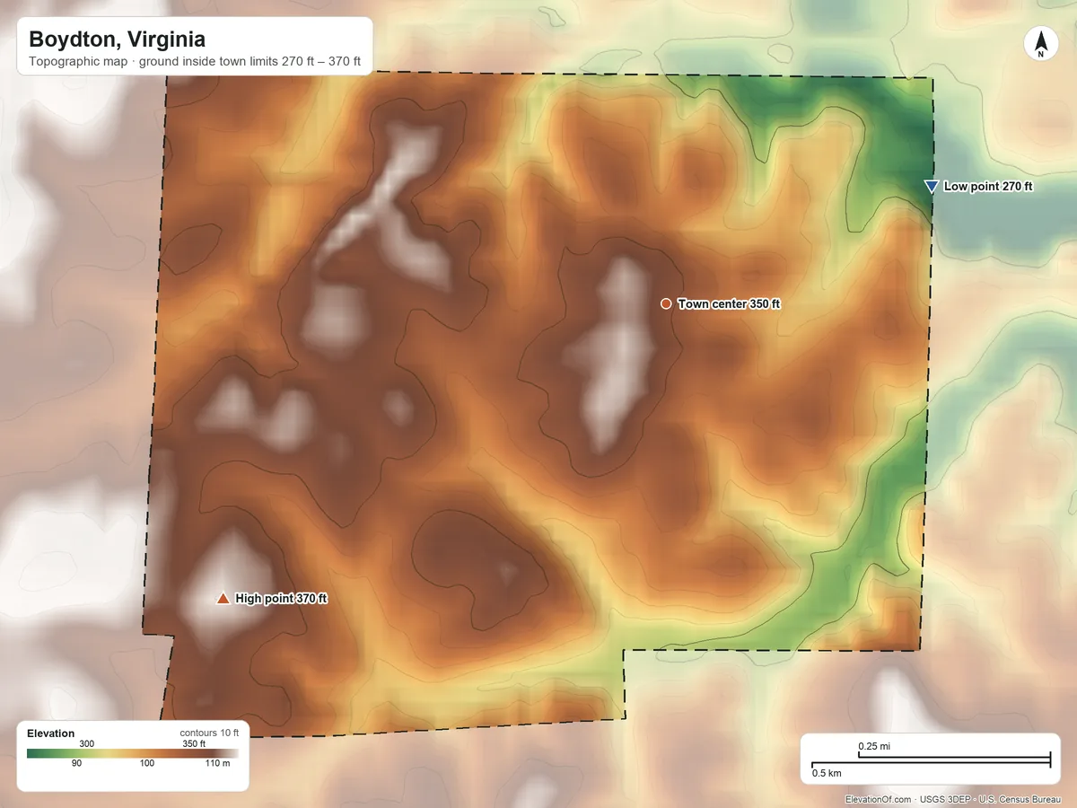 Topographic elevation map of Boydton, Virginia, shaded from 270 ft on the northeast side to 370 ft on the southwest side