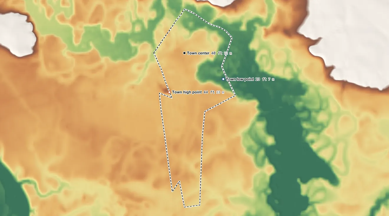 Topographic elevation map of Boykins, Virginia, shaded from 23 ft on the southeast side to 44 ft on the south side