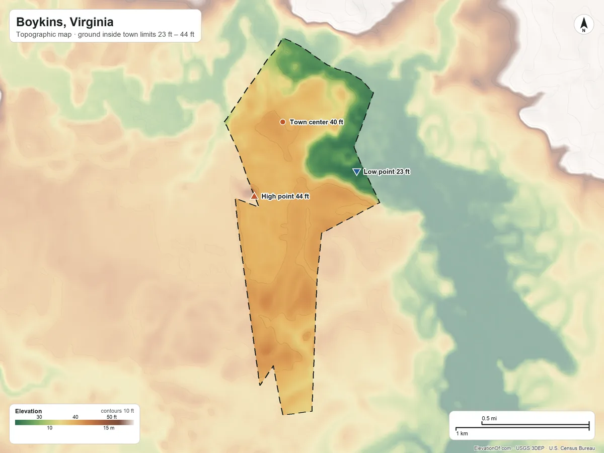 Topographic elevation map of Boykins, Virginia, shaded from 23 ft on the southeast side to 44 ft on the south side