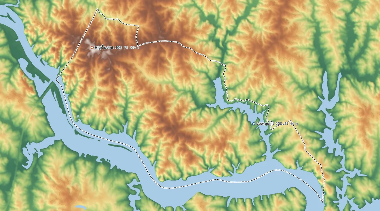 Topographic elevation map of Bracey, Virginia, shaded from 200 ft on the southeast side to 400 ft near the middle
