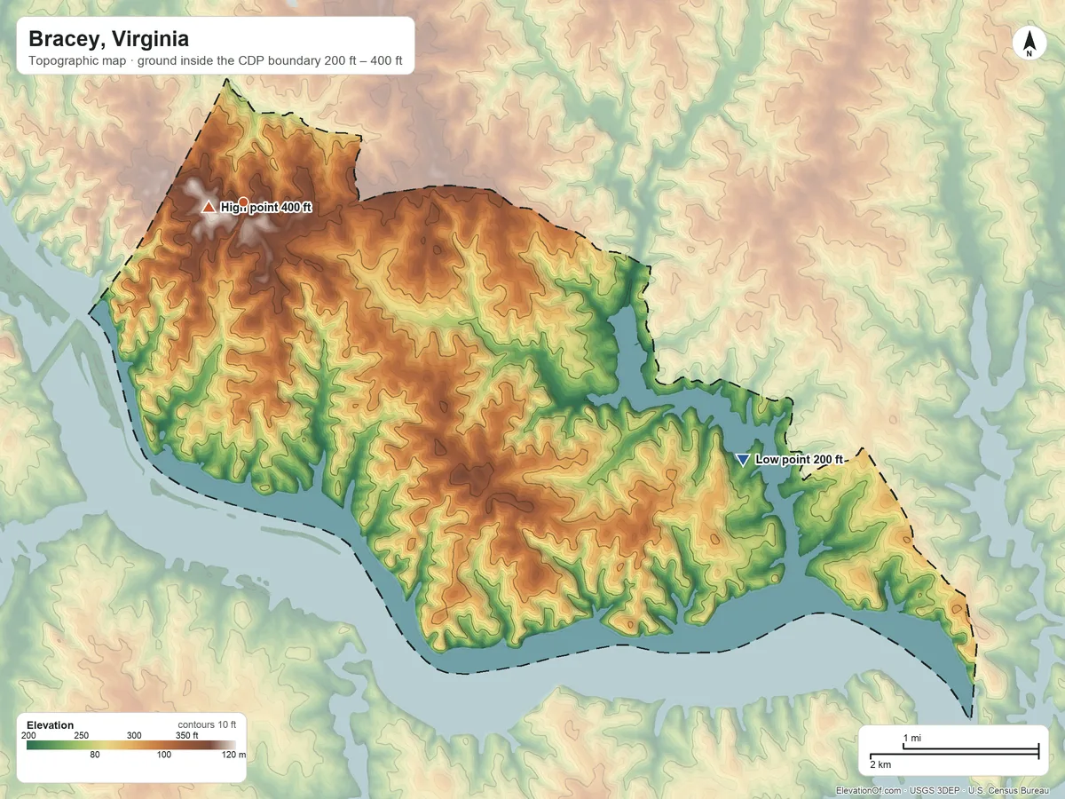 Topographic elevation map of Bracey, Virginia, shaded from 200 ft on the southeast side to 400 ft near the middle