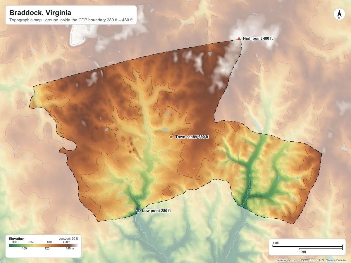 Topographic elevation map of Braddock, Virginia, shaded from 280 ft on the southwest side to 480 ft on the northeast side