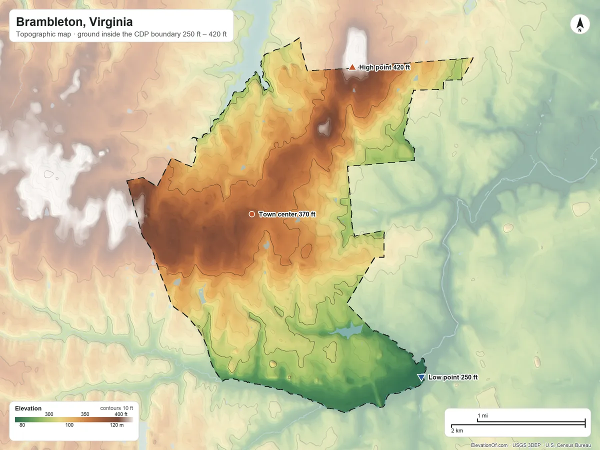 Topographic elevation map of Brambleton, Virginia, shaded from 250 ft on the southeast side to 420 ft on the northeast side