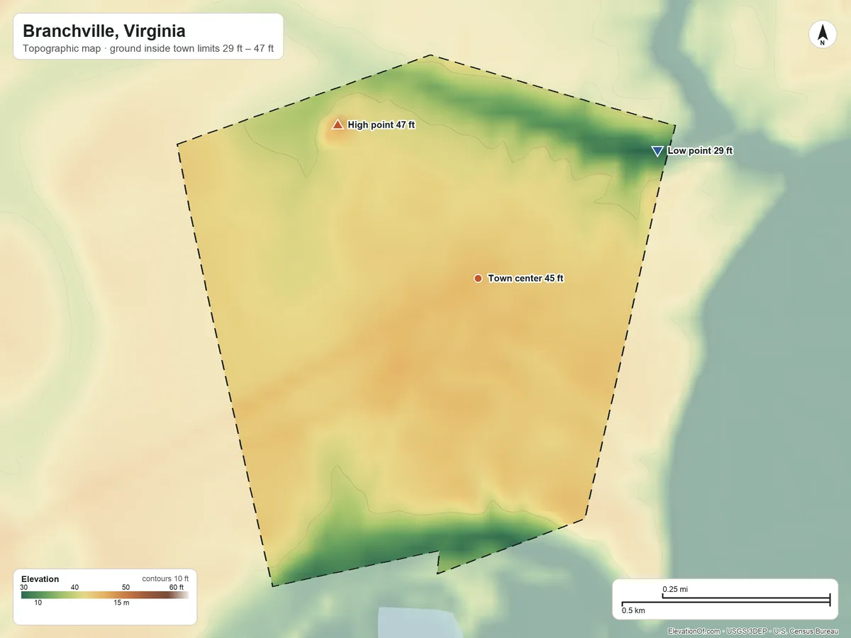 Topographic elevation map of Branchville, Virginia, shaded from 29 ft on the northeast side to 47 ft on the northwest side