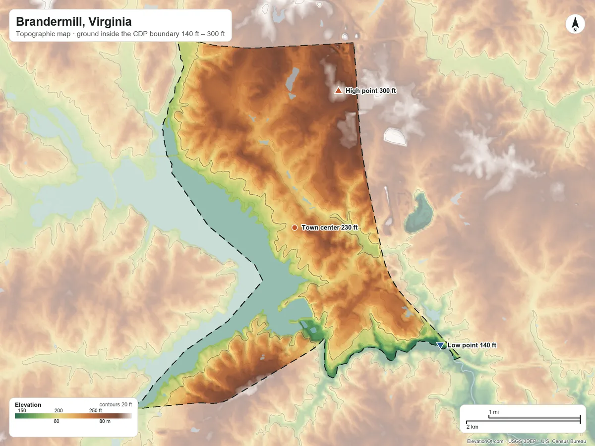 Topographic elevation map of Brandermill, Virginia, shaded from 140 ft on the southeast side to 300 ft on the north side