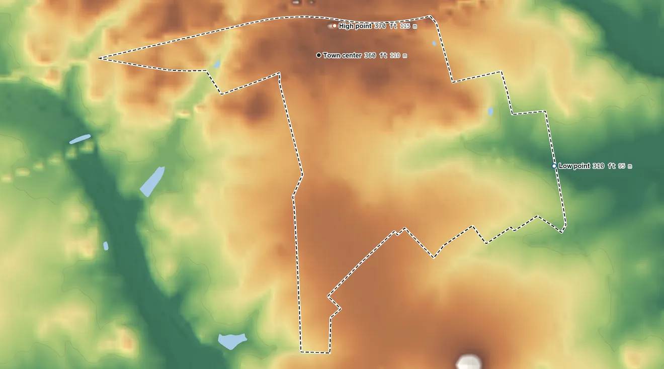 Topographic elevation map of Brandy Station, Virginia, shaded from 310 ft on the southeast side to 370 ft near the middle