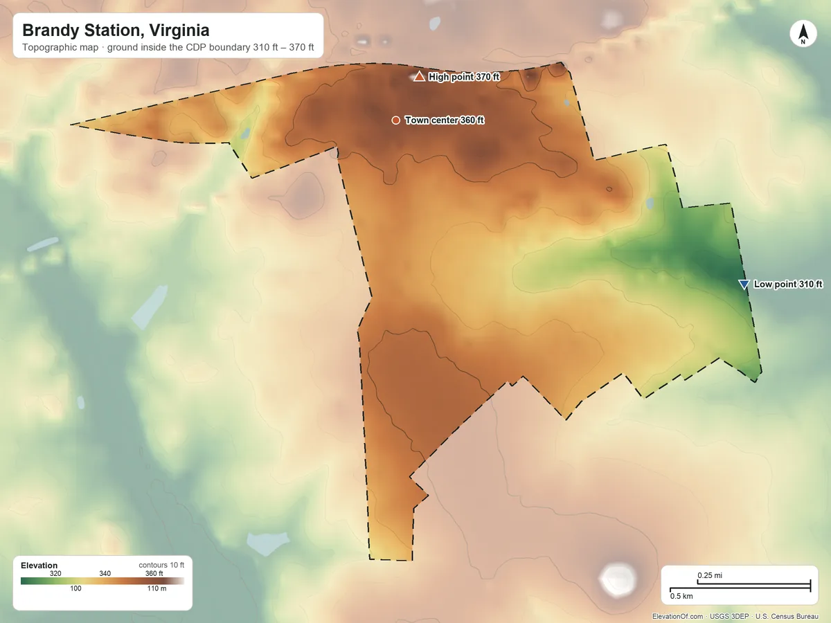 Topographic elevation map of Brandy Station, Virginia, shaded from 310 ft on the southeast side to 370 ft near the middle