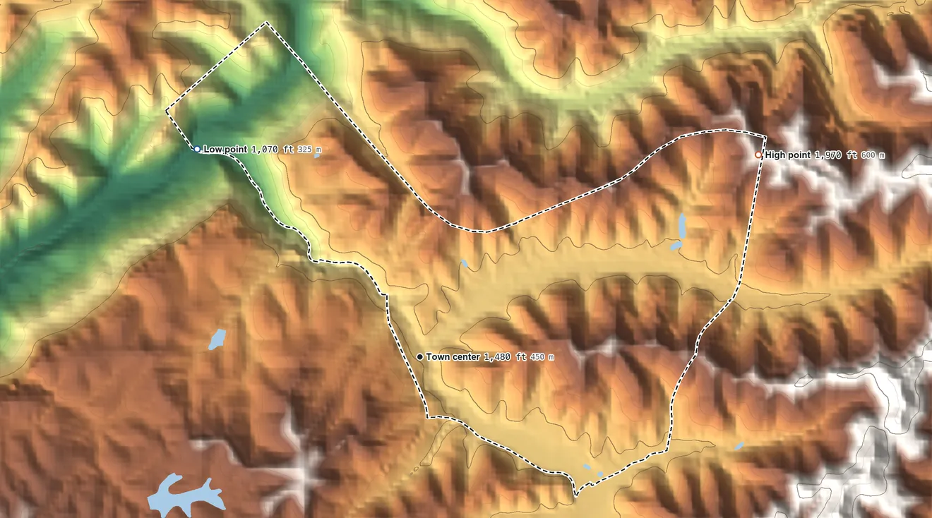 Topographic elevation map of Breaks, Virginia, shaded from 1,070 ft on the northwest side to 1,970 ft on the northeast side