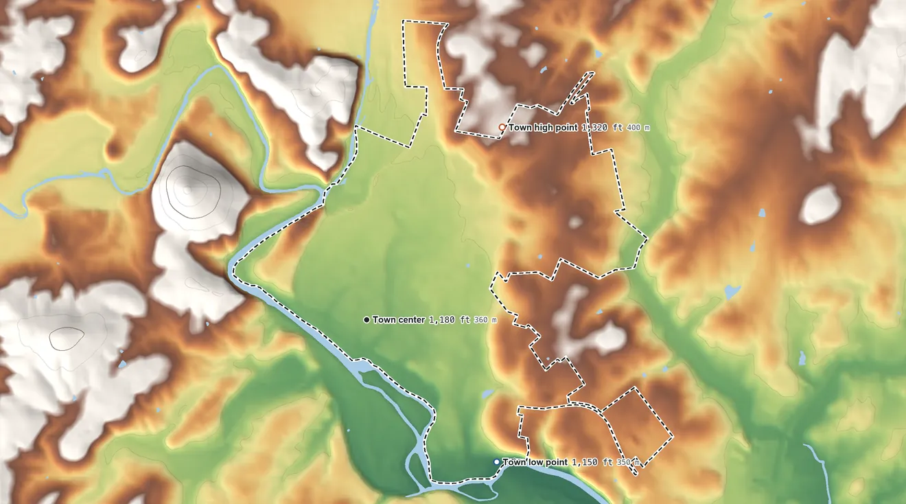 Topographic elevation map of Bridgewater, Virginia, shaded from 1,150 ft on the southeast side to 1,320 ft on the northeast edge, below higher ground just outside