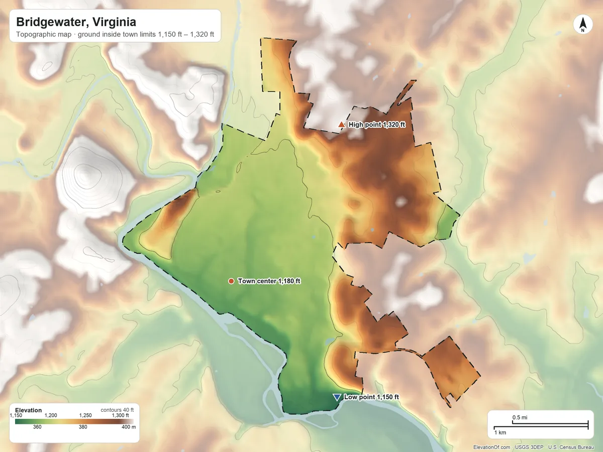 Topographic elevation map of Bridgewater, Virginia, shaded from 1,150 ft on the southeast side to 1,320 ft on the northeast edge, below higher ground just outside