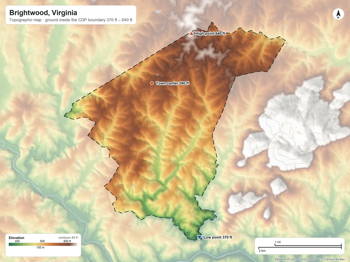 Topographic elevation map of Brightwood, Virginia, shaded from 370 ft on the south side to 640 ft on the northeast edge, below higher ground just outside