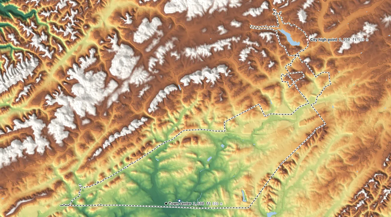 Topographic elevation map of Bristol, Virginia, shaded from 1,660 ft near the middle to 2,150 ft on the northeast side