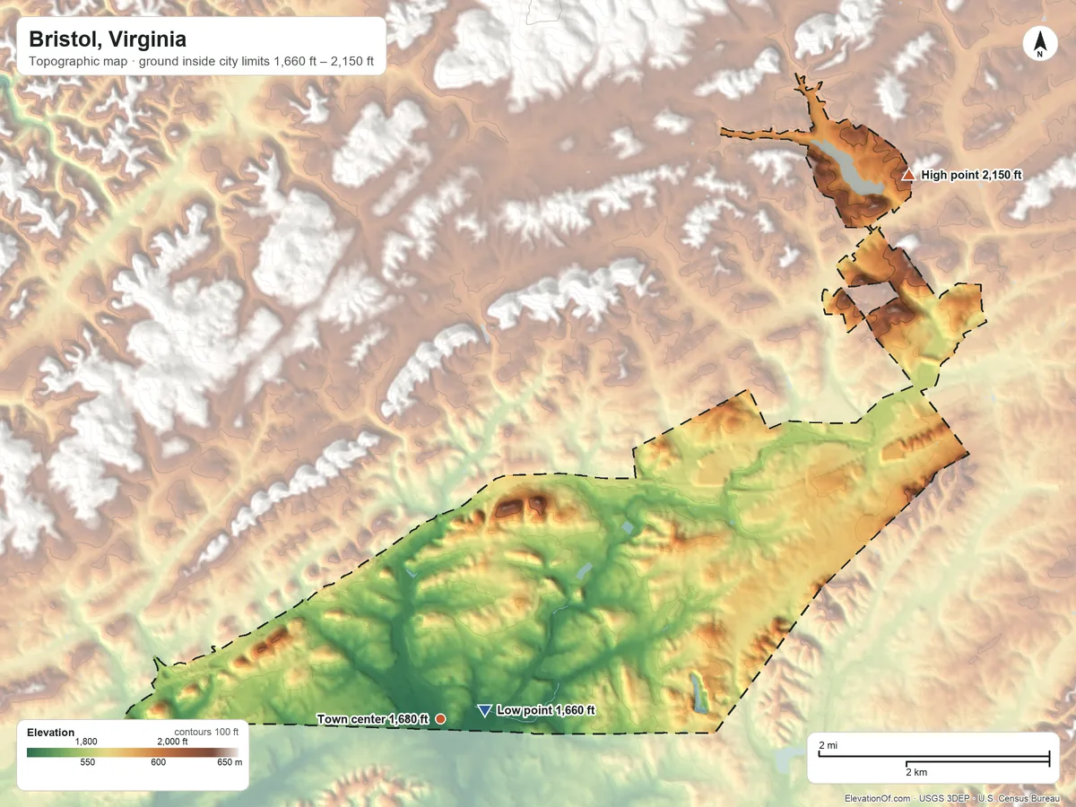 Topographic elevation map of Bristol, Virginia, shaded from 1,660 ft near the middle to 2,150 ft on the northeast side