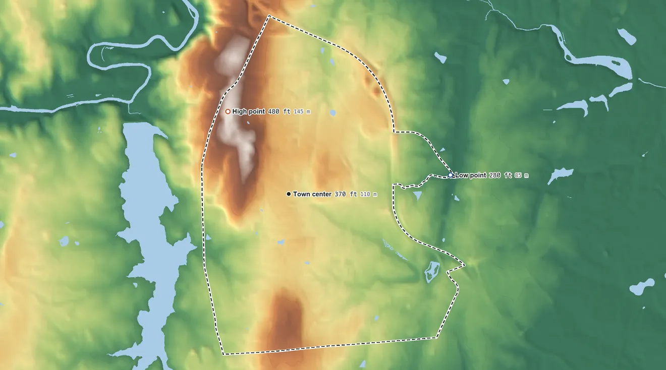 Topographic elevation map of Broadlands, Virginia, shaded from 280 ft on the east side to 480 ft on the northwest side