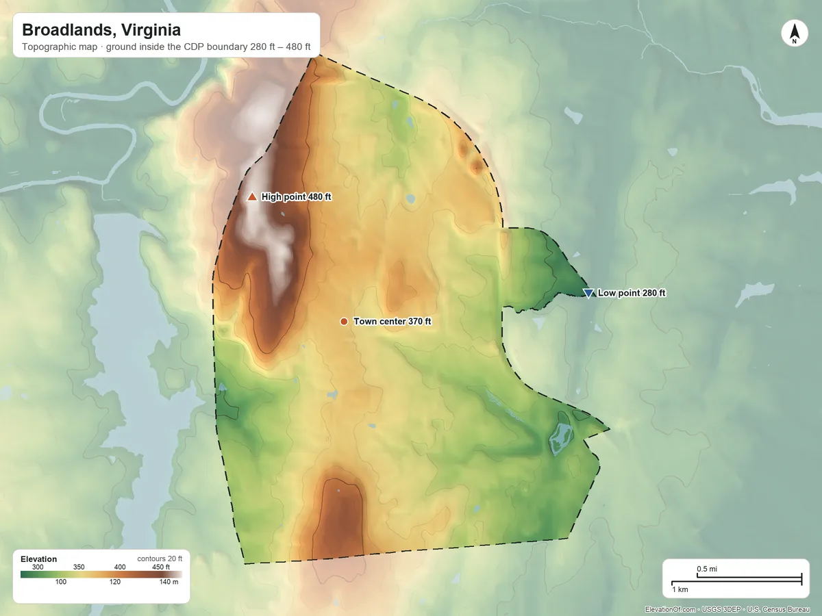 Topographic elevation map of Broadlands, Virginia, shaded from 280 ft on the east side to 480 ft on the northwest side