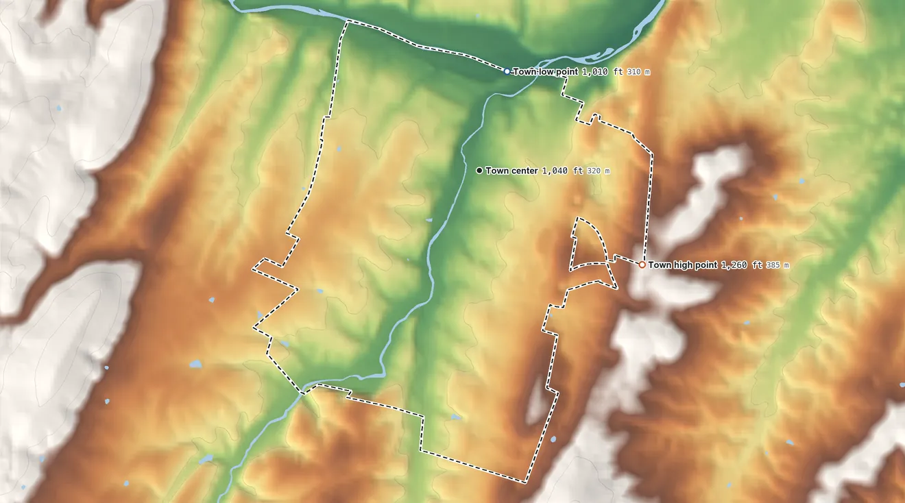 Topographic elevation map of Broadway, Virginia, shaded from 1,010 ft on the north side to 1,260 ft on the southeast side