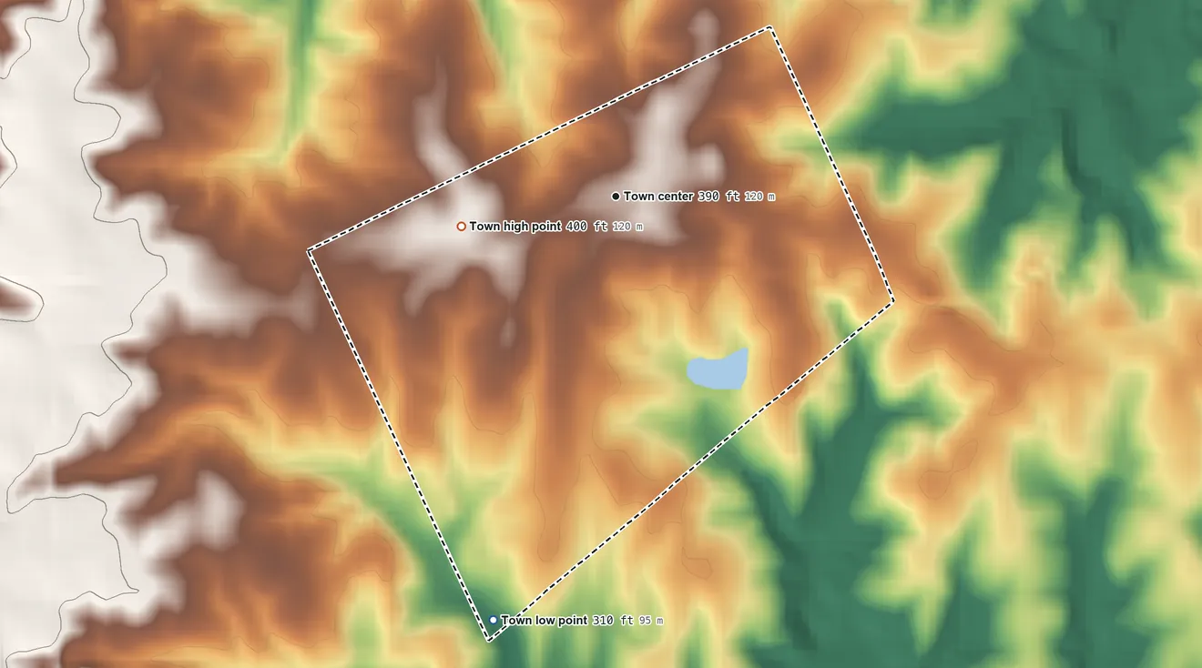 Topographic elevation map of Brodnax, Virginia, shaded from 310 ft on the south side to 400 ft on the west side