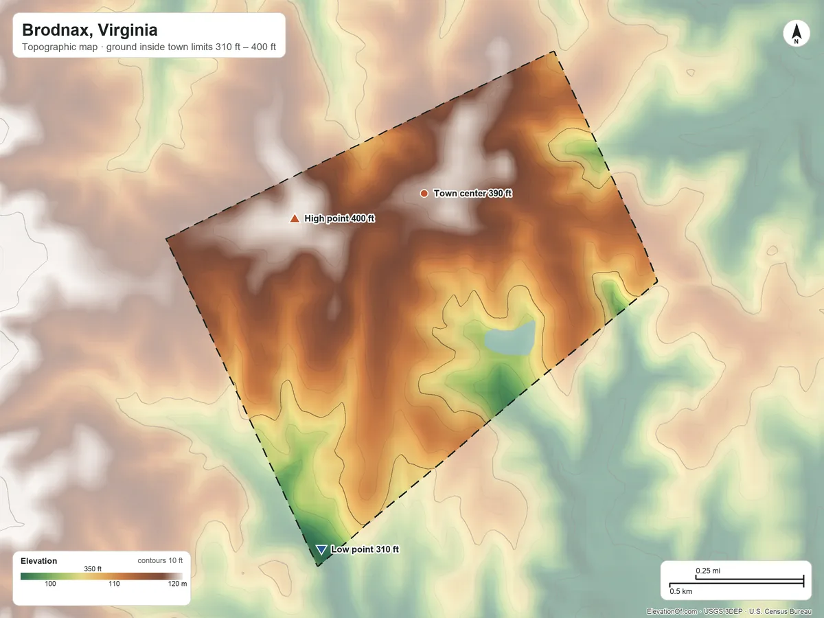 Topographic elevation map of Brodnax, Virginia, shaded from 310 ft on the south side to 400 ft on the west side