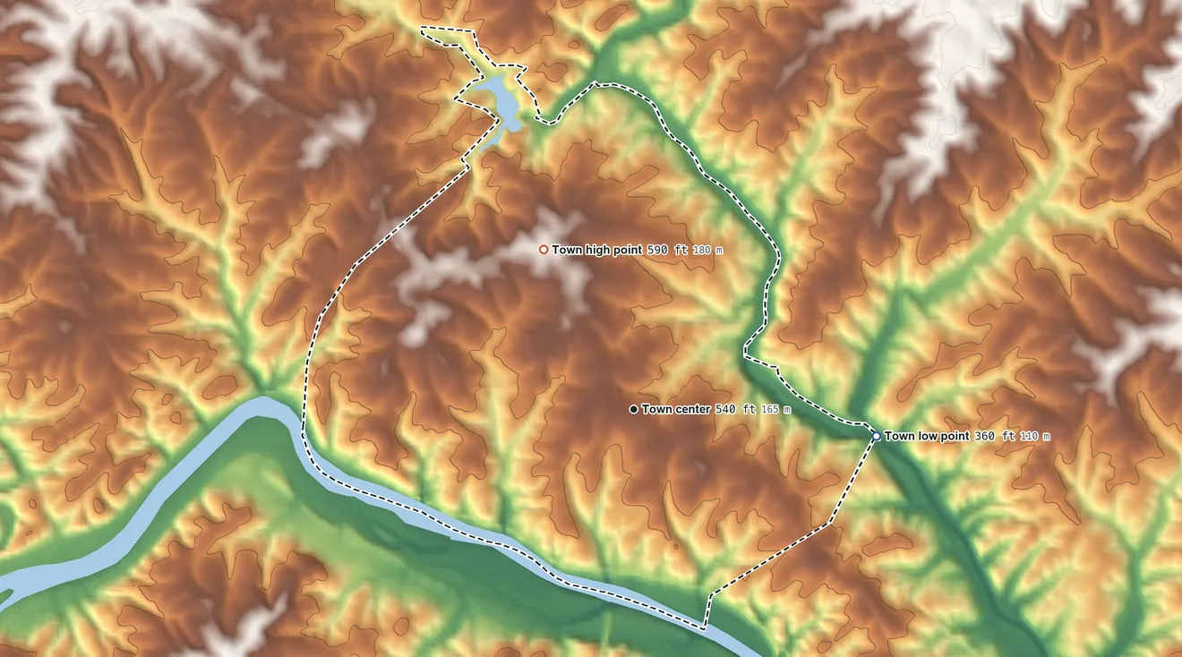 Topographic elevation map of Brookneal, Virginia, shaded from 360 ft on the east side to 590 ft on the northwest side