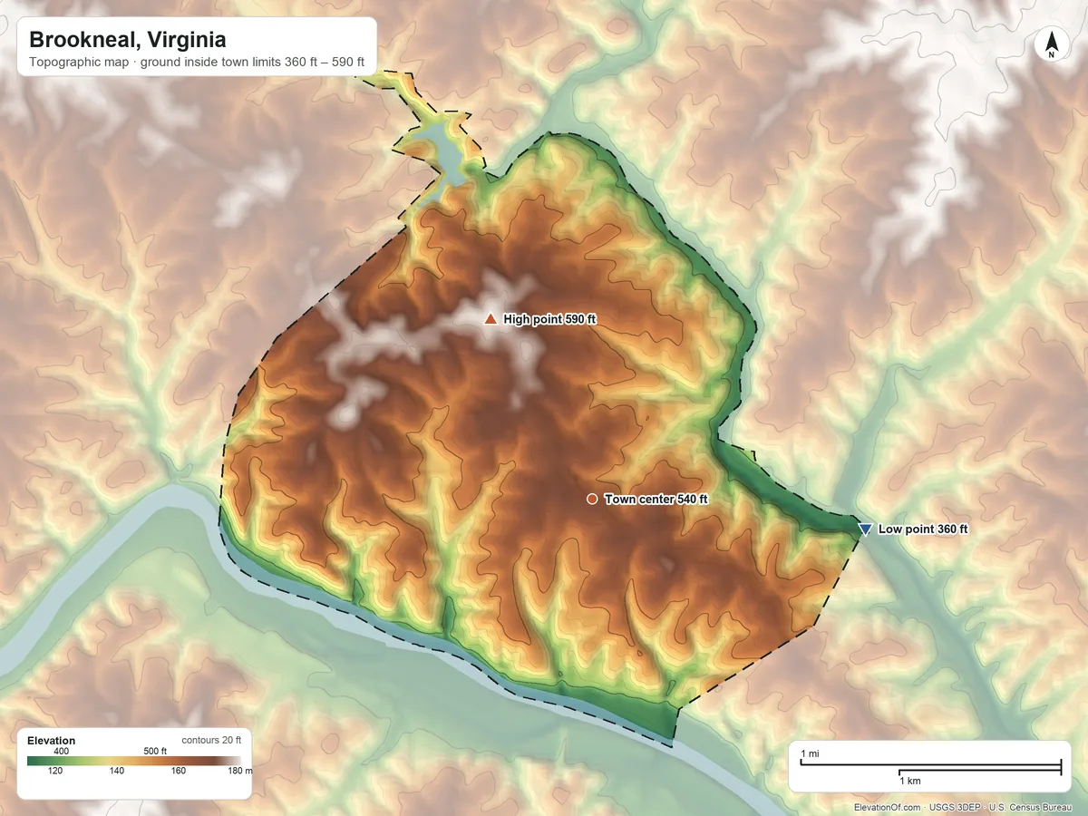 Topographic elevation map of Brookneal, Virginia, shaded from 360 ft on the east side to 590 ft on the northwest side