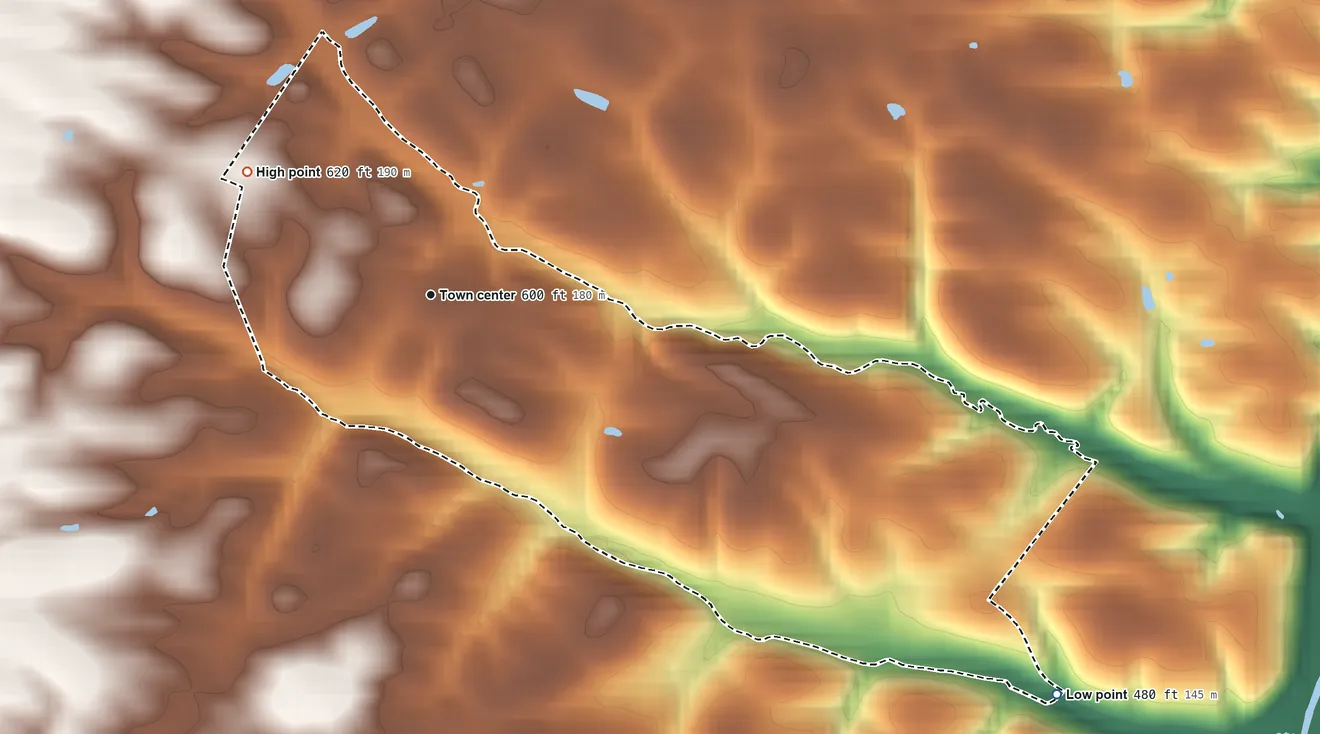 Topographic elevation map of Brucetown, Virginia, shaded from 480 ft on the southeast side to 620 ft on the northwest side