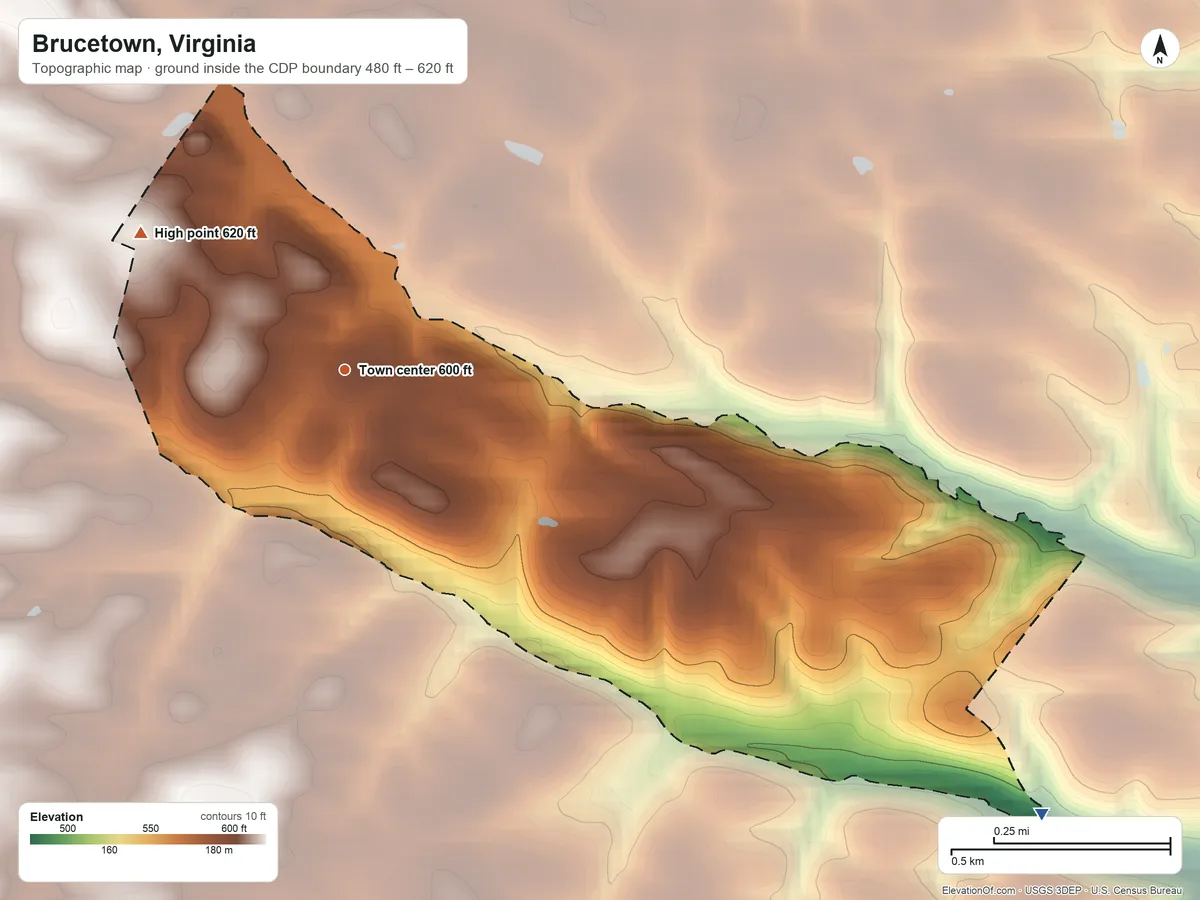Topographic elevation map of Brucetown, Virginia, shaded from 480 ft on the southeast side to 620 ft on the northwest side