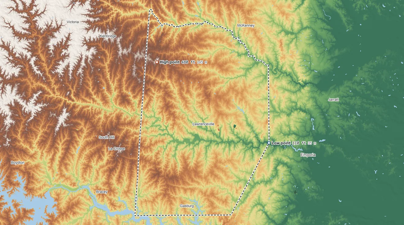 Topographic elevation map of Brunswick County, Virginia, shaded from 110 ft on the southeast side to 480 ft on the northwest side