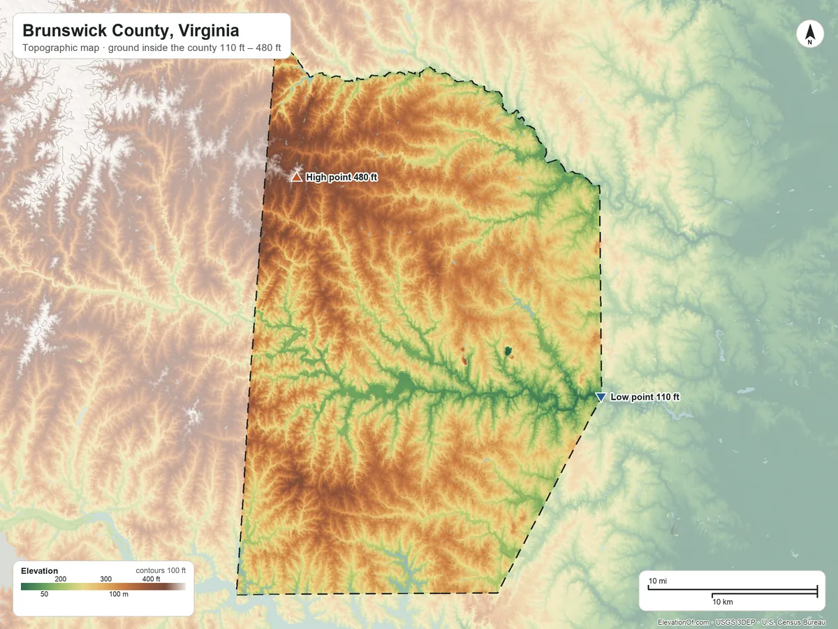 Topographic elevation map of Brunswick County, Virginia, shaded from 110 ft on the southeast side to 480 ft on the northwest side